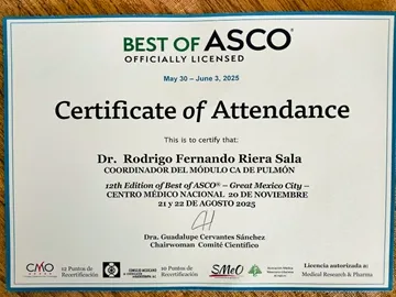 Certificado de participación del Dr. Rodrigo Fernando Riera como coordinador del módulo de cáncer de pulmón en ASCO 2025 CDMX.