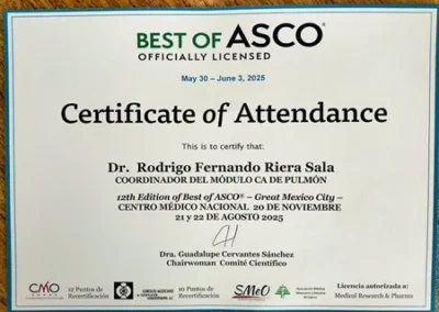 Certificado de participación del Dr. Rodrigo Fernando Riera como coordinador del módulo de cáncer de pulmón en ASCO 2025 CDMX.